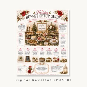 May include: A digital download JPG & PDF holiday buffet setup guide. The guide features a festive buffet display with food, decorations, and text. The text includes "Holiday Buffet Setup Guide" and "Good Food, Good Company, Great Memories."
