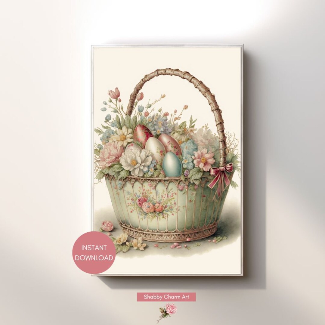 Vintage Easter Egg Basket Wall Art Printable Digital Download Instant