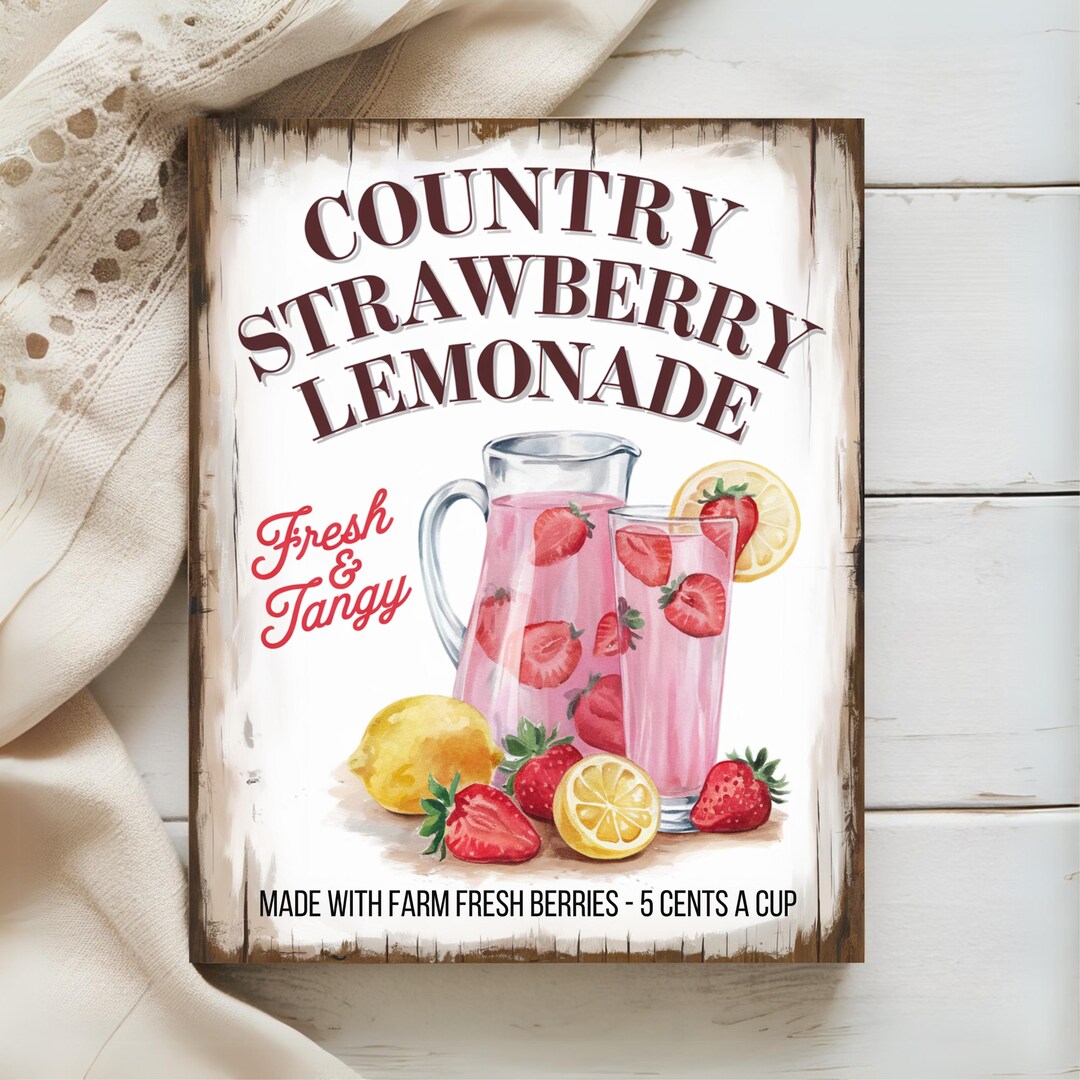 Country Strawberry Lemonade Wall Art Rustic Farmhouse Kitchen Decor ...
