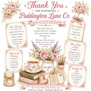 May include: A decorative thank you card for Paddington Lane Co. featuring floral illustrations, a teacup on books, and text detailing shop values. The design includes pink roses, lavender, a candle, and multiple notes expressing gratitude.