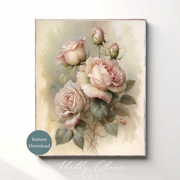 Vintage Roses Art Shabby Chic Wall Art Cottage Style Wall Decor Rustic Home Gift Decor Print Instant Digital Download Romantic Farmhouse