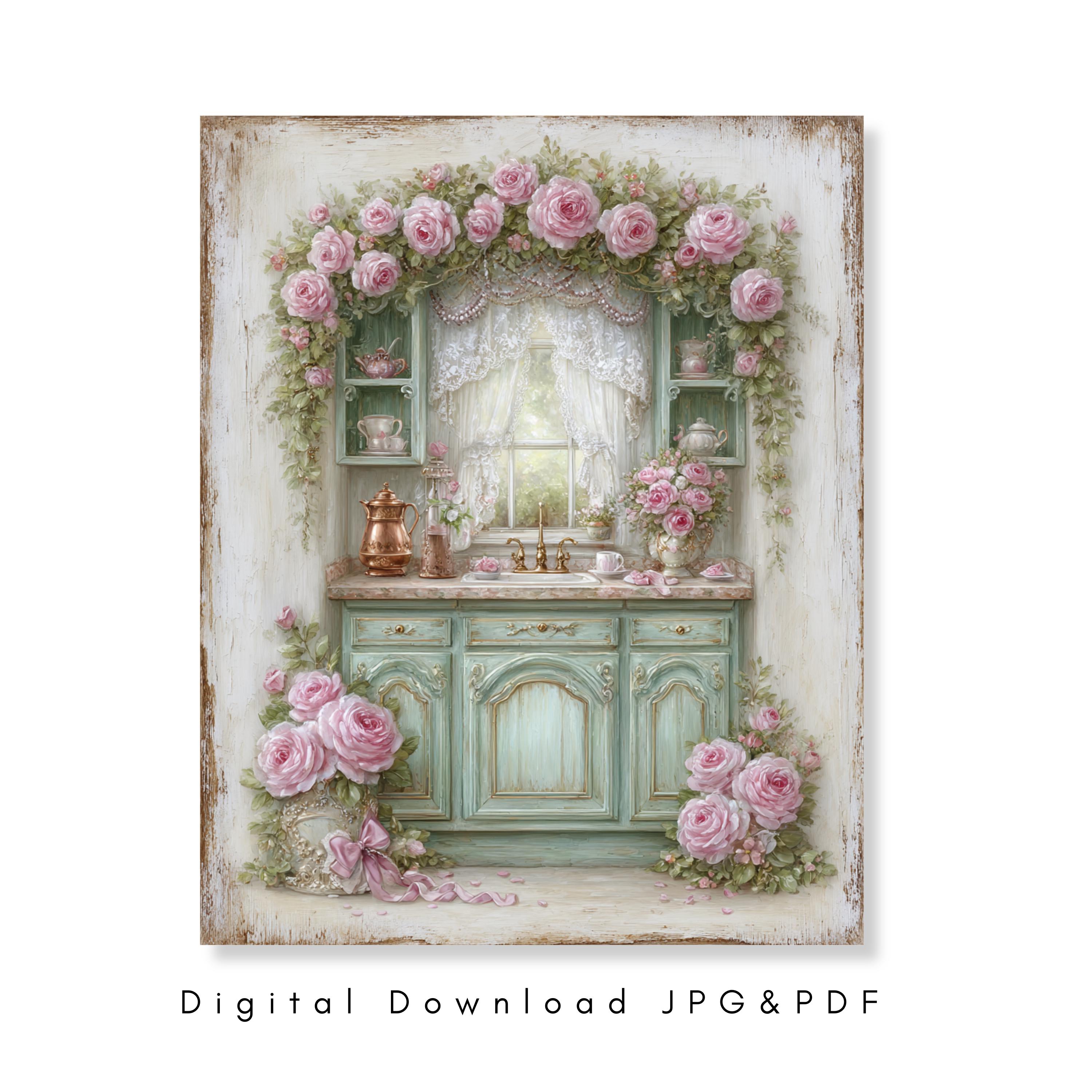 Shabby Chic Kitchen Wall Art Pink Roses Vintage Cottage Decor French ...