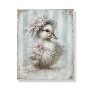 May include: A framed painting of a duckling wearing a frilly lace collar, a pearl necklace, and a bonnet with pink and blue accents. The background features vertical blue and white stripes, creating a vintage aesthetic.