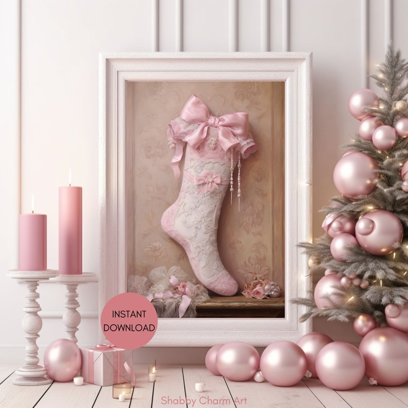 Shabby Chic Pink Vintage Style Christmas Stocking Wall Art Etsy