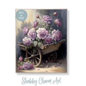 Lawendowa róża taczka ścienna sztuka Vintage Garden Flower Cart Printable Rustykalny wiejski domek wystrój Shabby Chic Natychmiastowe pobieranie znaku