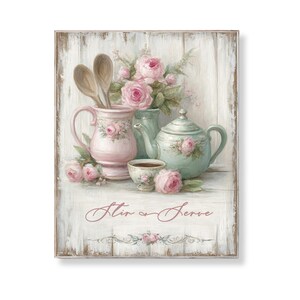 May include: A vintage-style painting of a tea set with pink roses. The set includes a pink pitcher with wooden spoons, a teal teapot, a teacup, and a vase. The words "Stir & Serve" are written at the bottom.