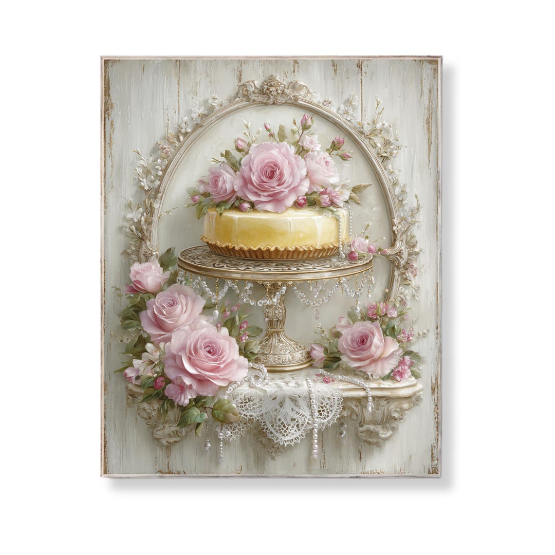 Shabby Chic Cake Wall Art Pink Rose Floral Lemon Dessert Stand Vintage ...