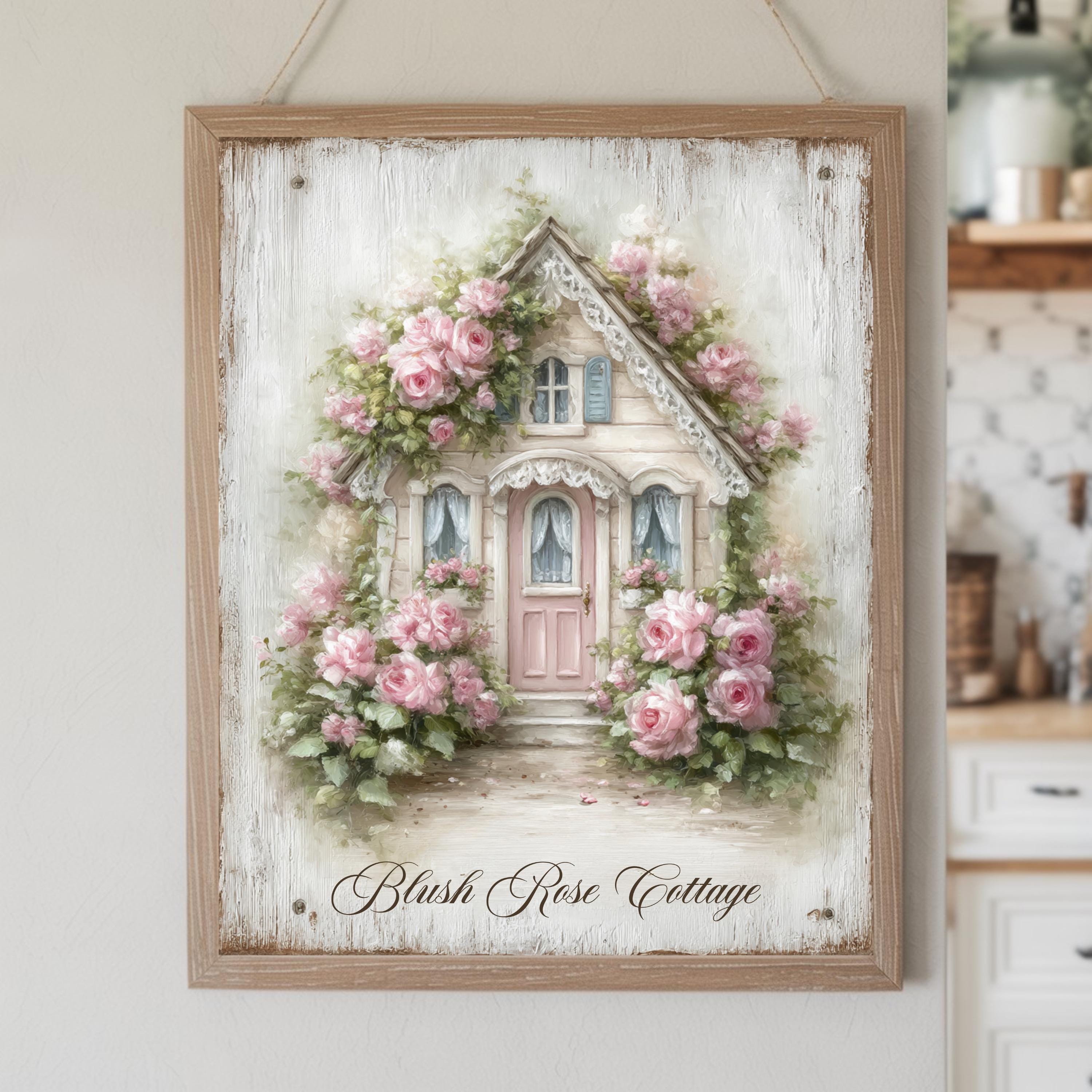 Cottage Wall Decor Shabby Chic Floral House Art Vintage Farmhouse Pink ...