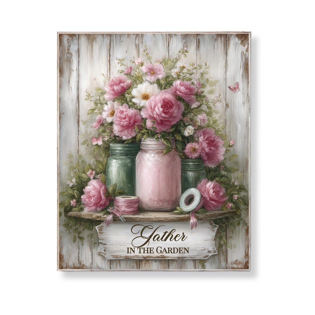 Floral Shabby Chic Wall Art Gather in the Garden Pink Mason Jar Print ...