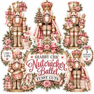 Op de afbeelding: Een digitale collectie van vijf notenkraker-illustraties in roze, goud en crèmetinten, met ballet-elementen zoals een ballerina, zwaan, trommel en hobbelpaard. De centrale tekst luidt SHABBY CHIC Nutcracker Ballet FUSSY CUTS.