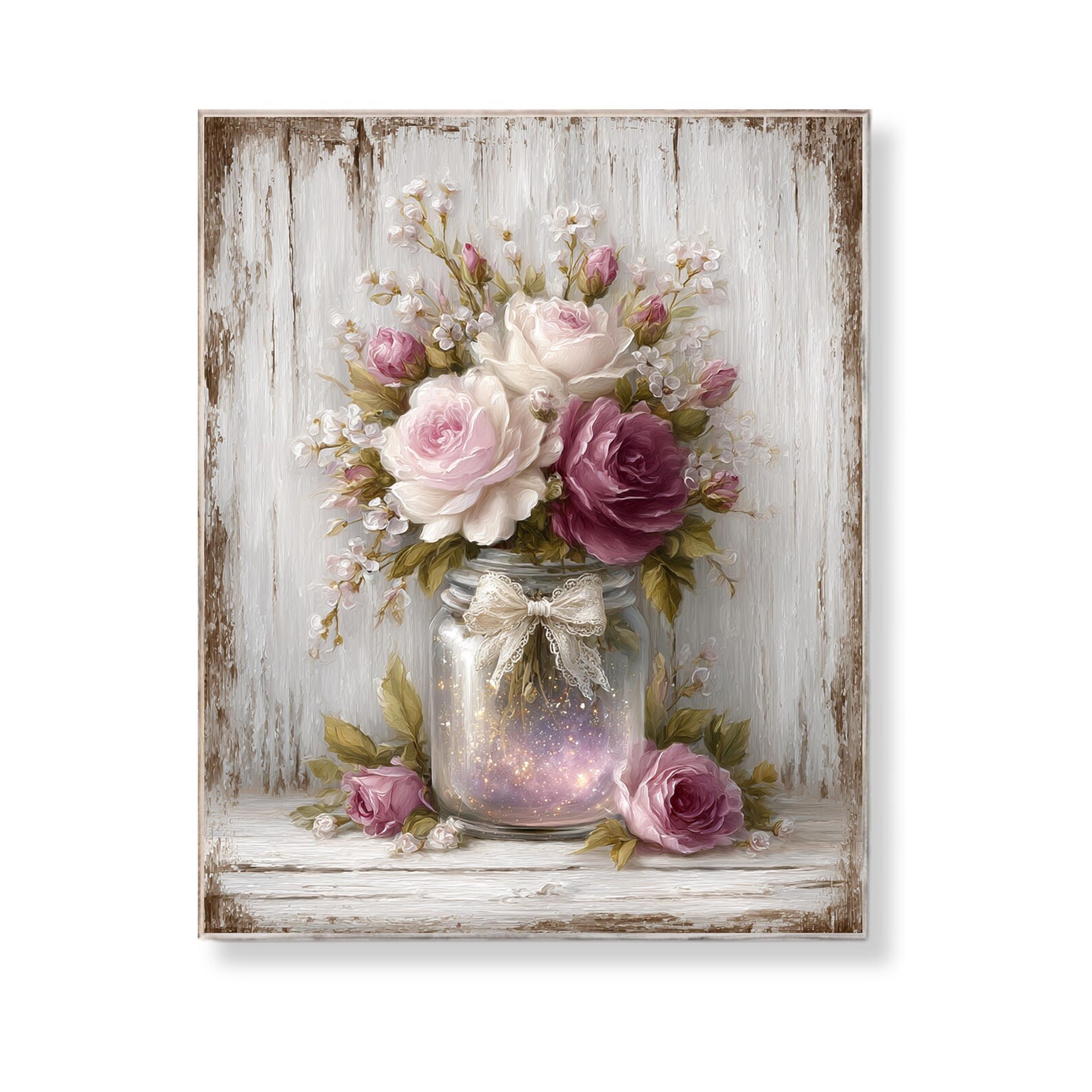 Shabby Chic Floral Mason Jar Wall Art Printable Vintage Roses Lace Bow ...