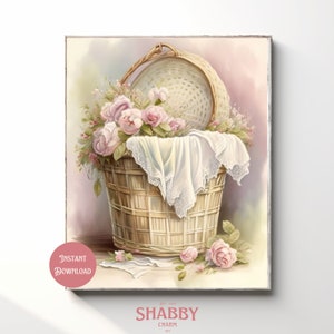 Vintage Antique Laundry Basket Akwarela Druk, Shabby Chic Wall Art, Natychmiastowe Pobieranie Cyfrowe Do Wydruku, Sztuka Cottagecore, Malarstwo Retro