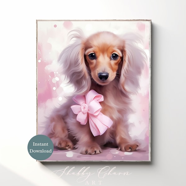 Dachshund Illustration - Pink Digital Download Print for Dog Lovers, Long-Haired Puppy Art, Pet-Themed Decor, Instant Wall Decor