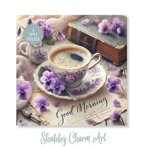 Paquete de imágenes prediseñadas en formato JPG de café de buenos días con motivos shabby chic, tazas de té con flores vintage, pensamientos morados, diario basura, álbumes de recortes, manualidades, alta resolución