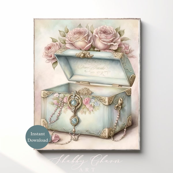 Shabby Chic Jewelry Box Watercolor Wall Art Romantic Home Gift Print Instant Download Home Decor Antique Illustration Vintage Painting Retro