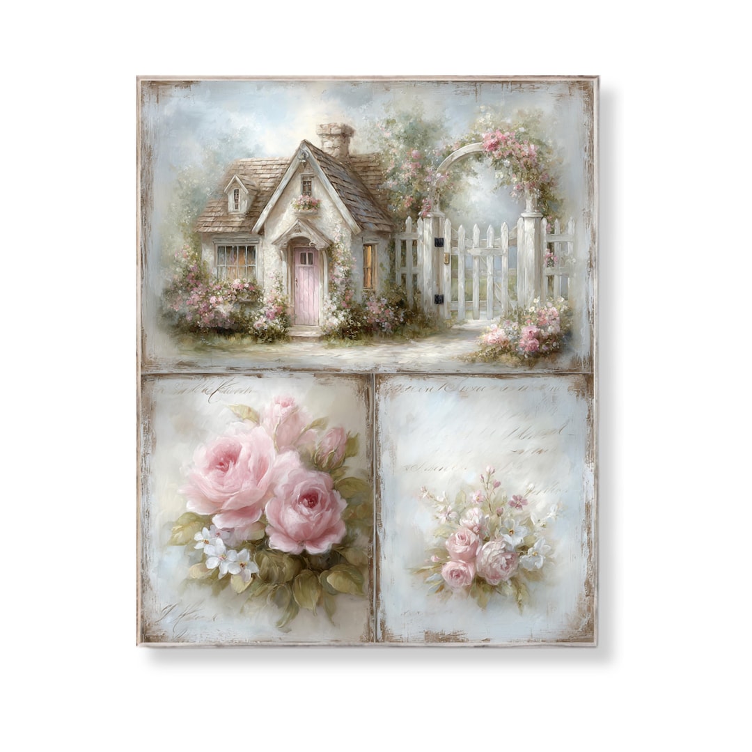 Shabby Chic Cottage Wall Art Set Pink Roses Vintage Country House Decor ...