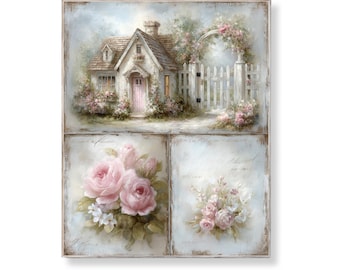 Shabby Chic Cottage Wall Art Set Pink Roses Vintage Country House Decor Romantic Cottagecore Floral Print Home Artwork Digital Download