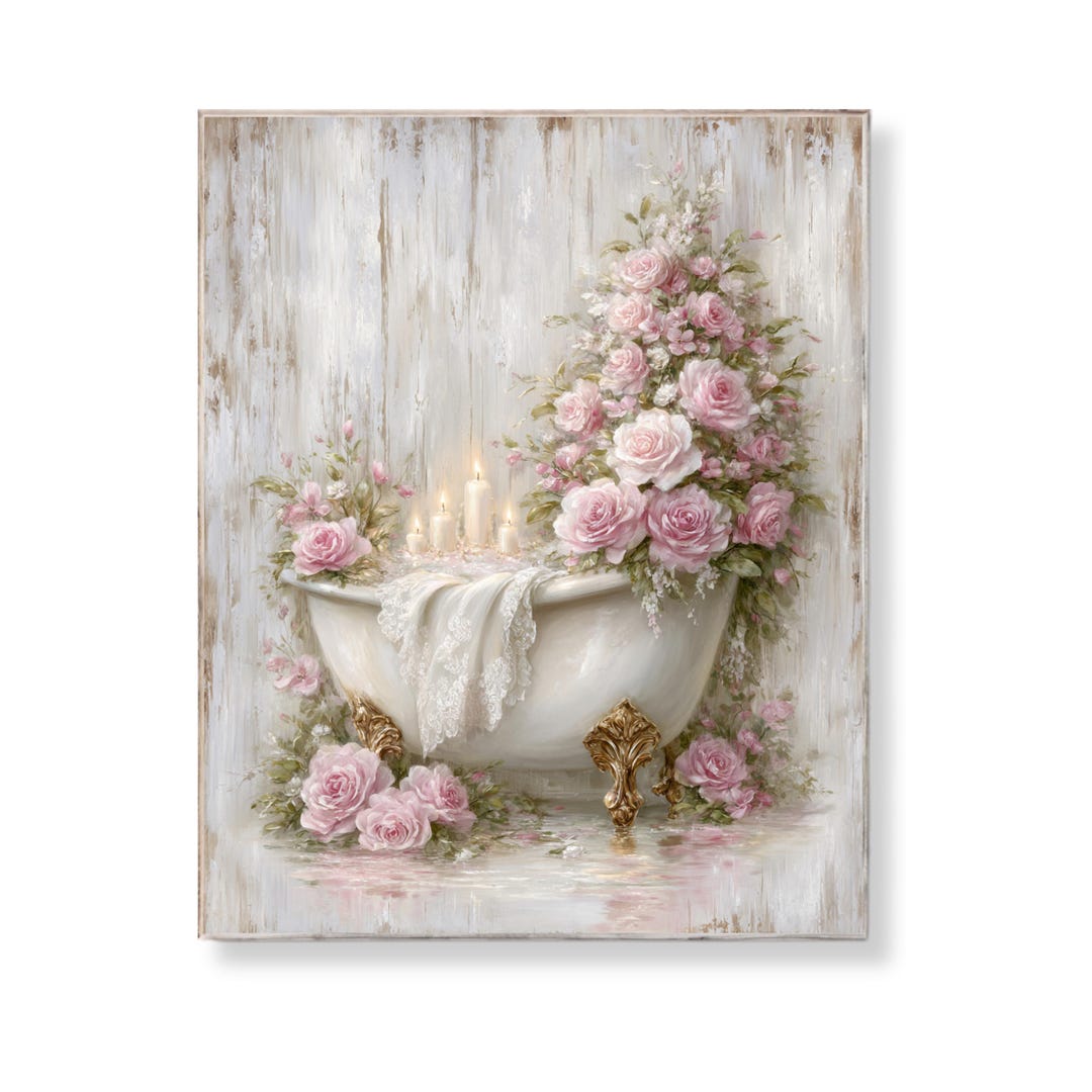 Shabby Chic Bathroom Wall Art Printable Pink Roses Bathtub Vintage ...