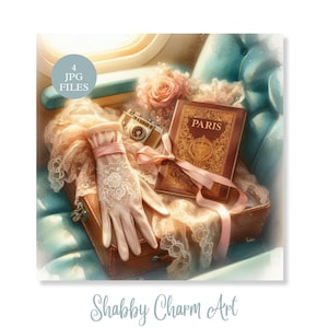 Paquete de fotos de viaje de París con estilo shabby chic, maleta vintage, guantes, libro, cámara, romántico encaje francés, diario basura, álbum de recortes, manualidades, alta resolución