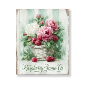 Puede incluir: Un letrero de madera con una pintura de acuarela de una cesta rebosante de peonías rosas y blancas, frambuesas y hojas verdes. El letrero tiene un fondo envejecido y encalado con el texto "Raspberry Scone Co."