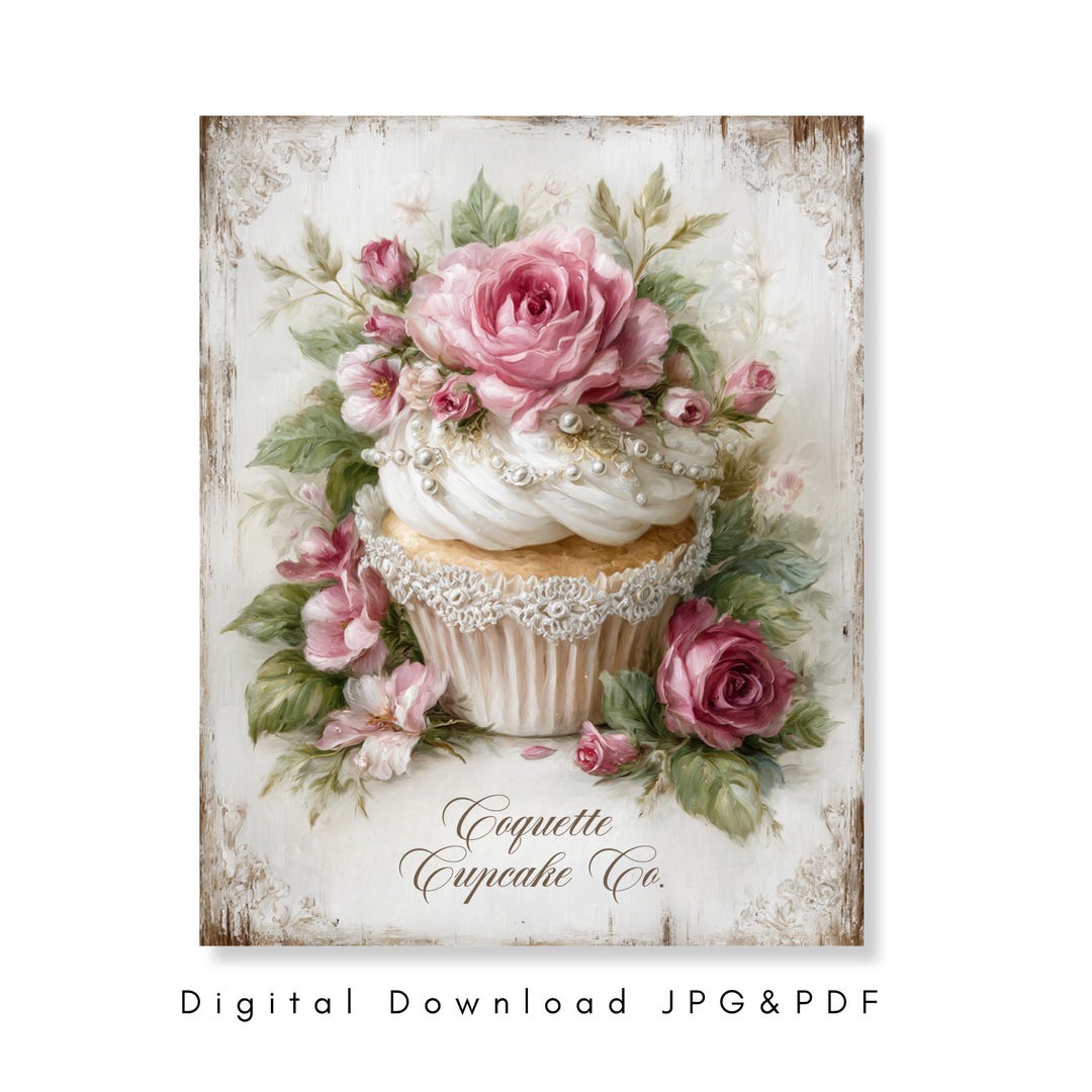 Shabby Chic Pink Cupcake Wall Art Vintage Floral Dessert Decor Romantic ...