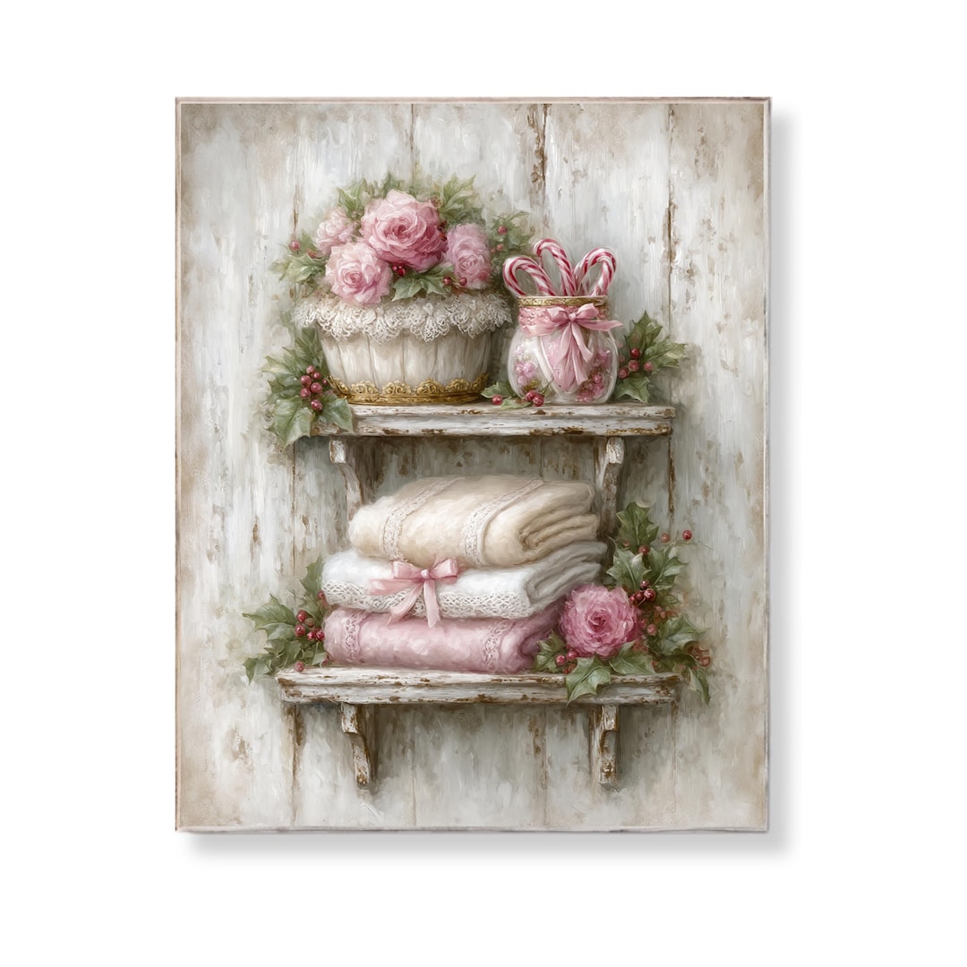 Shabby Chic Bathroom Shelf Wall Art Printable Pink Roses Towels Candy ...