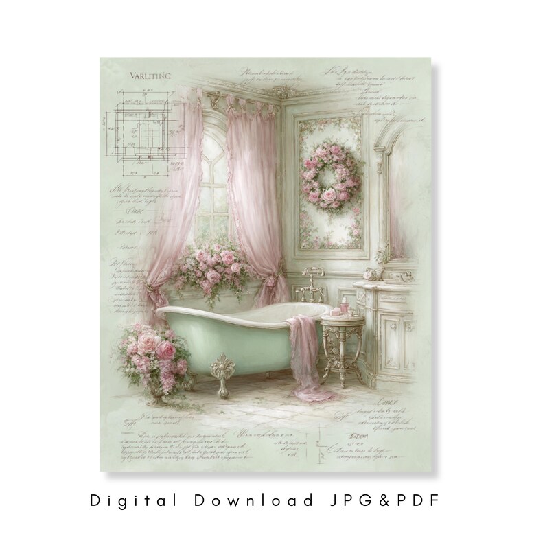 Shabby Chic Bathroom Wall Art Vintage Bathtub Decor Pink Floral Bath ...