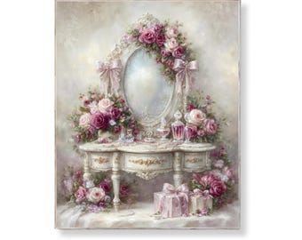 Shabby Chic Vanity Wand Kunst Blush rosa bedruckbare Vintage Spiegel Floral Parfüm Dekor romantisch Cottagecore Digital Download viktorianisches Zeichen