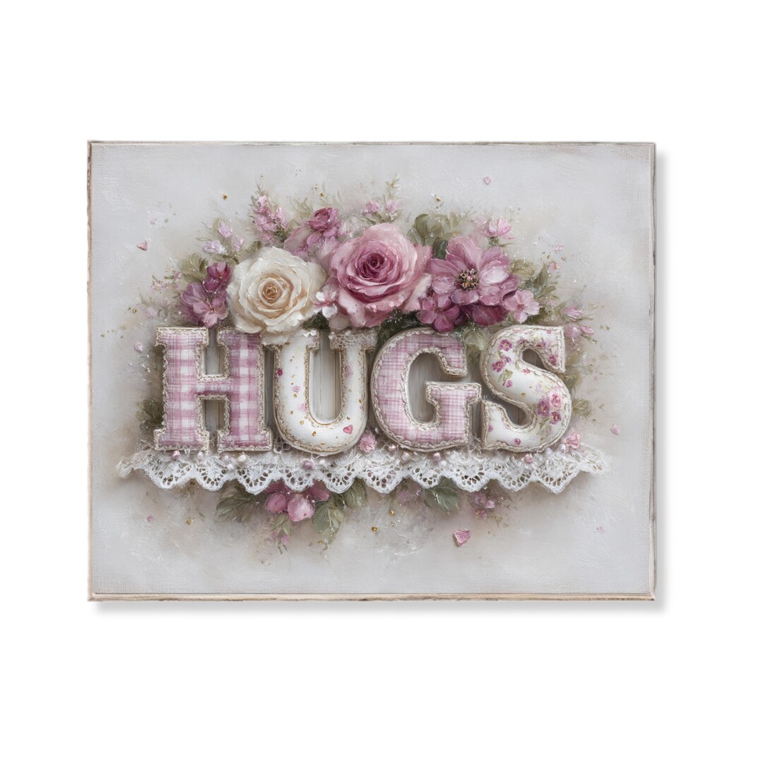 Shabby Chic Patchwork HUGS Floral Wall Art Printable Pink Gingham Roses ...