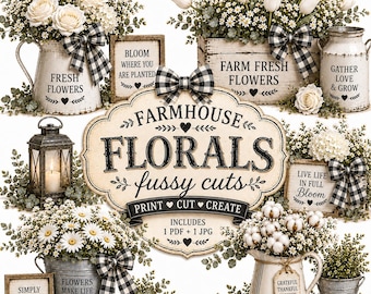 Farmhouse Floral Fussy Cuts, Rustic Flower Printable Clipart, Black White Farmhouse Junk Journal Digital Download, Paddington Lane Co