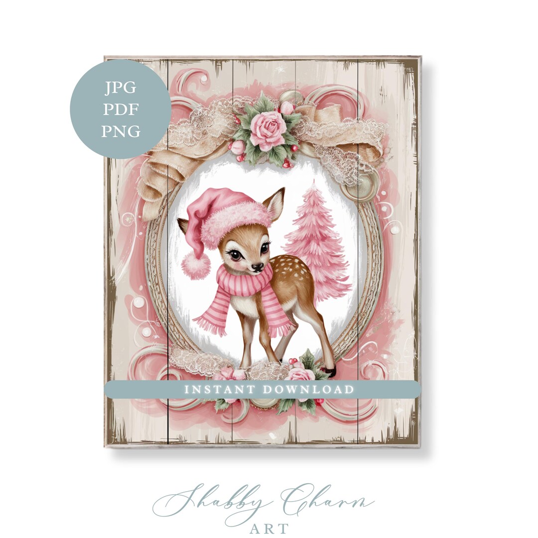 Christmas Shabby Chic Deer Wall Art Vintage Holiday Decor With Pink ...