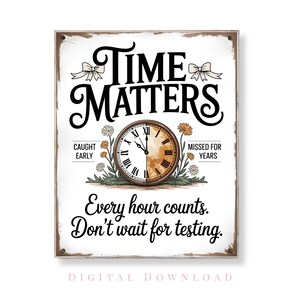 Könnte beinhalten: Gerahmter Wandkunstdruck mit dem Schriftzug "TIME MATTERS" in dekorativer Schrift. Das Kunstwerk zeigt ein Zifferblatt mit römischen Ziffern, florale Elemente und den Text "Every hour counts. Don't wait for testing."