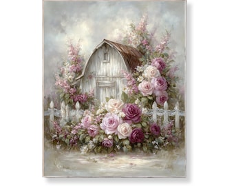 Shabby Chic Barn Printable Wall Art With Pink And White Roses Vintage Farmhouse Country Rustic Cottagecore Floral Digital Download Picture