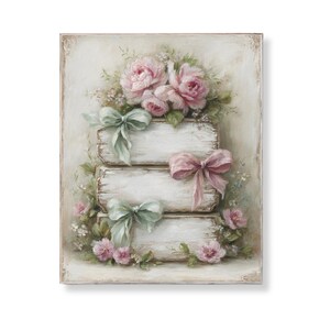 May include: A rectangular painting featuring three white wooden planks adorned with pink roses and green and pink bows. The artwork has a vintage, romantic aesthetic, with soft colors and a textured appearance.