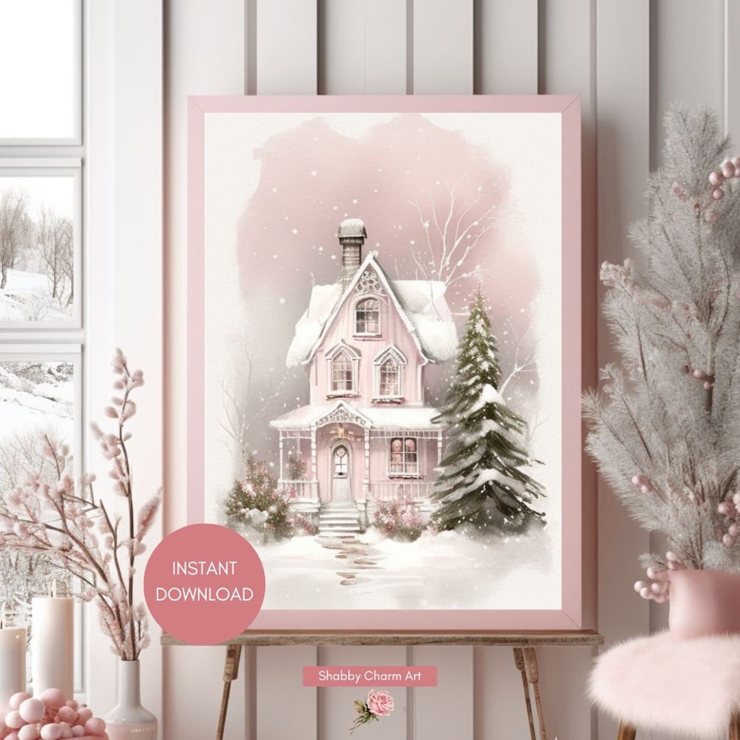 Pink Winter Wonderland Pink House Art Vintage Print - Etsy