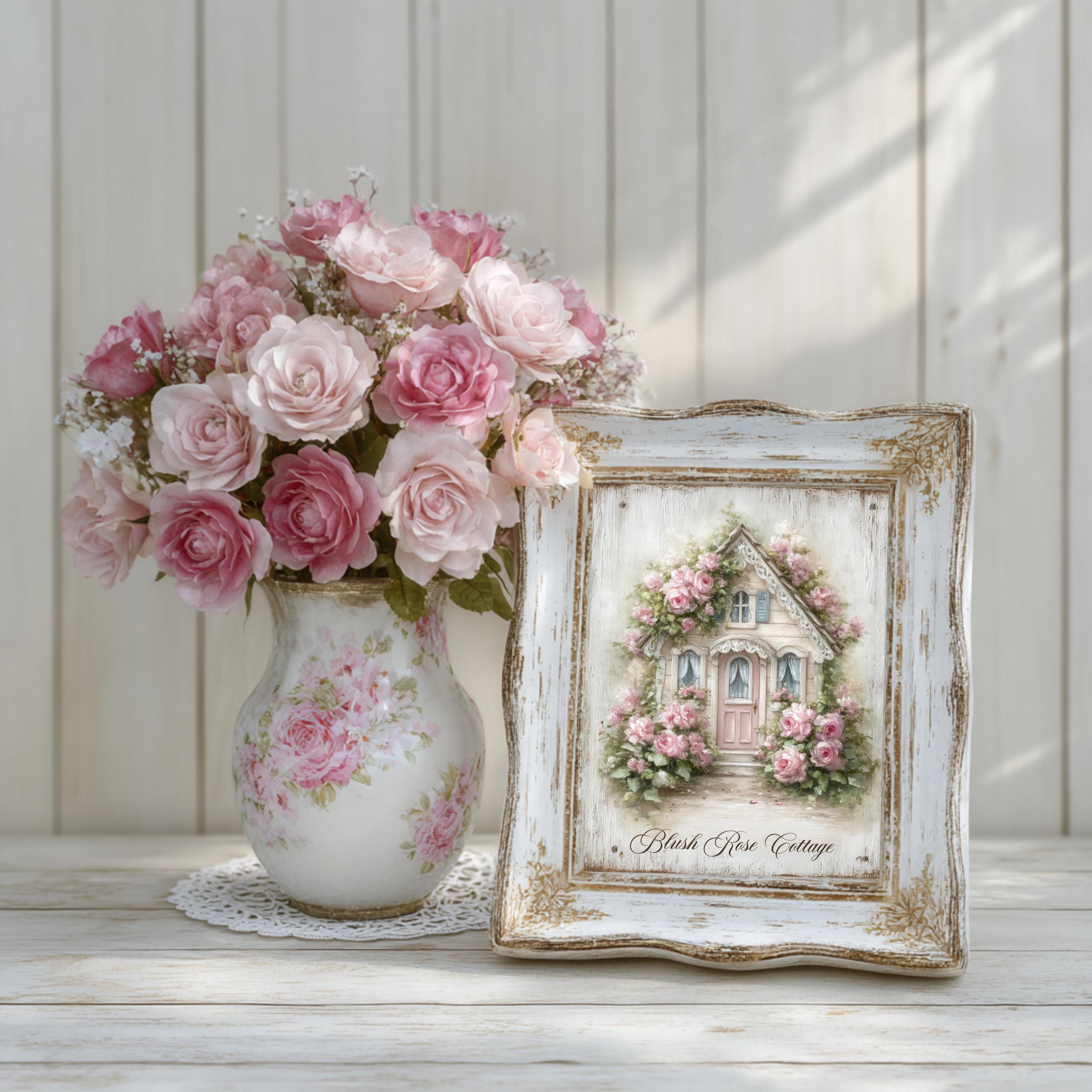 Cottage Wall Decor Shabby Chic Floral House Art Vintage Farmhouse Pink ...