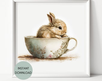 Shabby Chic Watercolor Bunny Baby Rabbit in a Tea Cup Wall Art Instant Digital Download Printable Romantic Home Farmhouse Rustic Easter