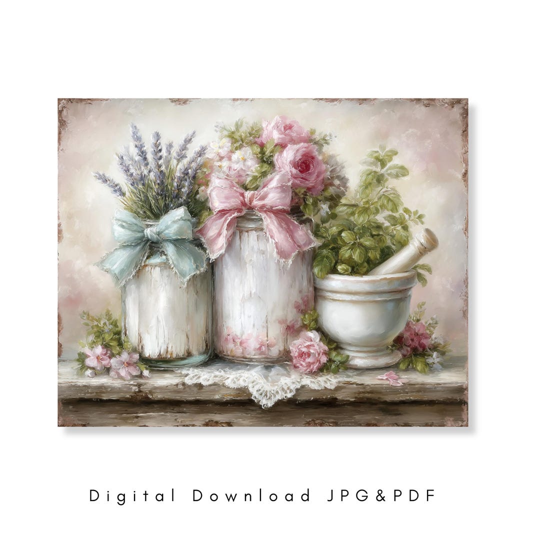 Shabby Chic Botanical Wall Art Lavender Rose Mint Herb Kitchen Decor ...