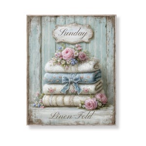 May include: A framed artwork featuring a stack of folded linens adorned with pink roses and a blue ribbon. The artwork has the word "Sunday" above the linens and "Linen Fold" below. The background is a light blue, weathered wood.
