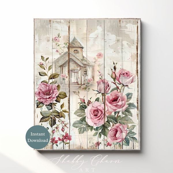 Shabby Chic White Wood Sign Wall Art Vintage Roses Cottage Style Floral Decor Rustic Home Print Instant Digital Download Romantic Farmhouse