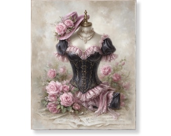 Romantic Shabby Chic Rococo Dress Wall Art Printable Vintage Pink Corset Gown With Black Lace Roses Feminine Victorian French Decor Download