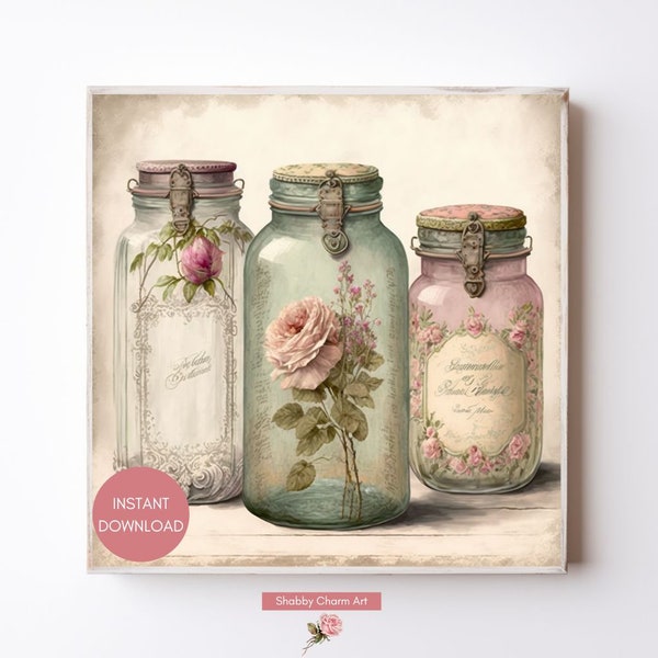 Shabby Chic Vintage Glass Jars Wall Art - Digital Download - Instant Elegance for Your Home Decor