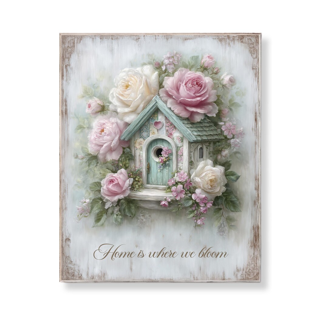 Shabby Chic Home is Where We Bloom Wall Art Pink Rose Floral Birdhouse ...