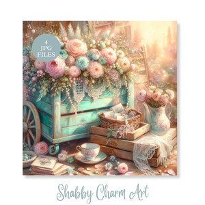 シャビーシックな花柄ガーデンカートのクリップアート ヴィンテージコテージコアイラスト ロマンティックな農家風装飾 ジャンクジャーナル スクラップブック クラフト 高解像度