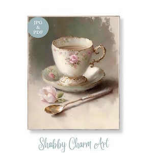Shabby Chic Rose Teacup Wall Art Vintage Pink Tea Printable Feminine Kitchen Decor Pastel Floral Digital Download Gift for Her Cottagecore