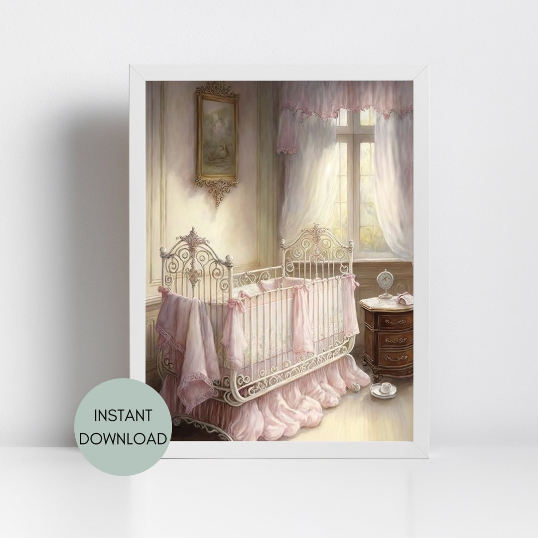 Watercolor Vintage Baby Crib Instant Digital Download High Resolution PNG Art Shabby Chic Baby