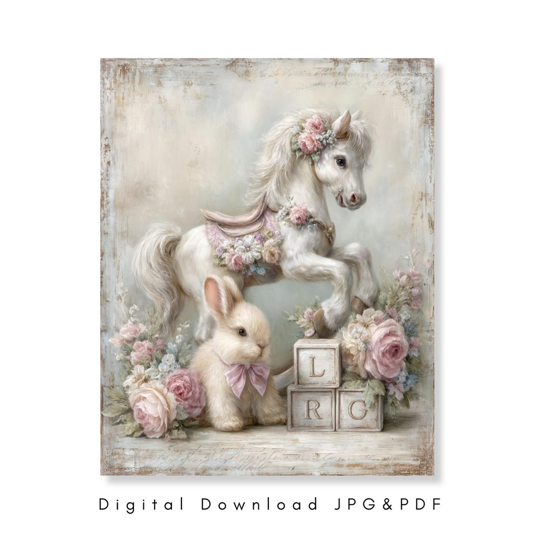 Shabby Chic Nursery Wall Art Printable Vintage Pony Bunny Floral Baby ...