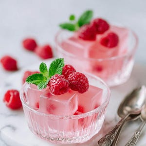 May include: Two glass bowls filled with pink jelly cubes, garnished with fresh raspberries and mint leaves. The dessert is presented on a white surface, with scattered raspberries. Silver spoons are placed to the side.