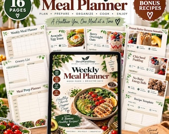 Weekly Meal Planner Printable, Grocery List, Recipe Template, Kitchen Organizer, 5 Bonus Healthy Recipes
