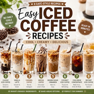 Pode incluir: Imagem mostrando oito receitas diferentes de café gelado, cada uma em um copo alto com várias coberturas. As receitas incluem clássico, latte de baunilha, caramelo, mocha, canela e açúcar mascavo, coco, concentrado de café frio e café gelado instantâneo. Texto: "Easy Iced Coffee Recipes."